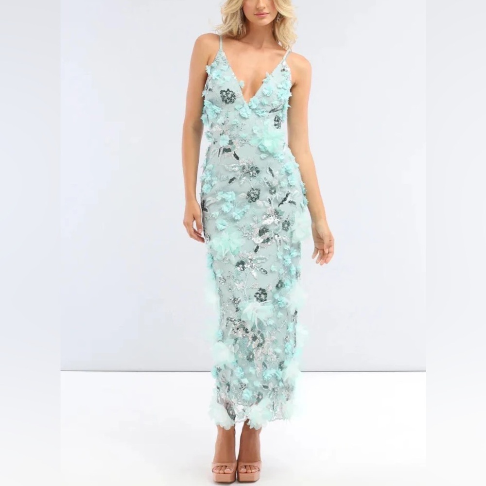 Sleeveless Aqua Floral Appliqué Midi Dress